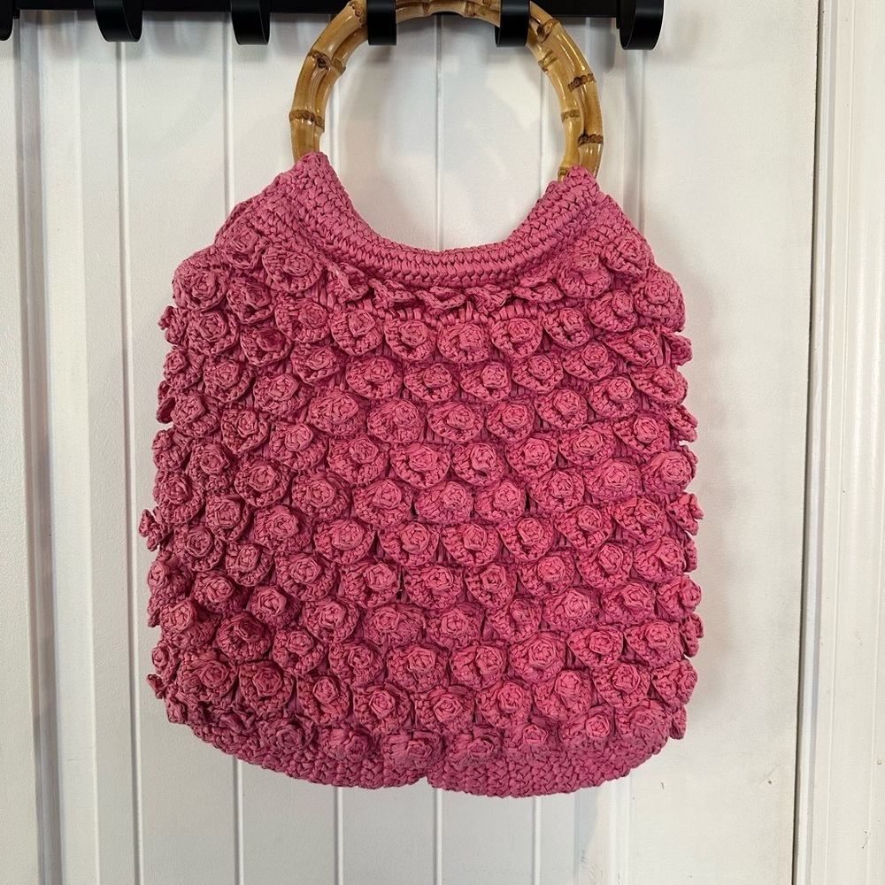 J Crew Pink Straw Hobo Bag Tote Double Bamboo Handles Large New